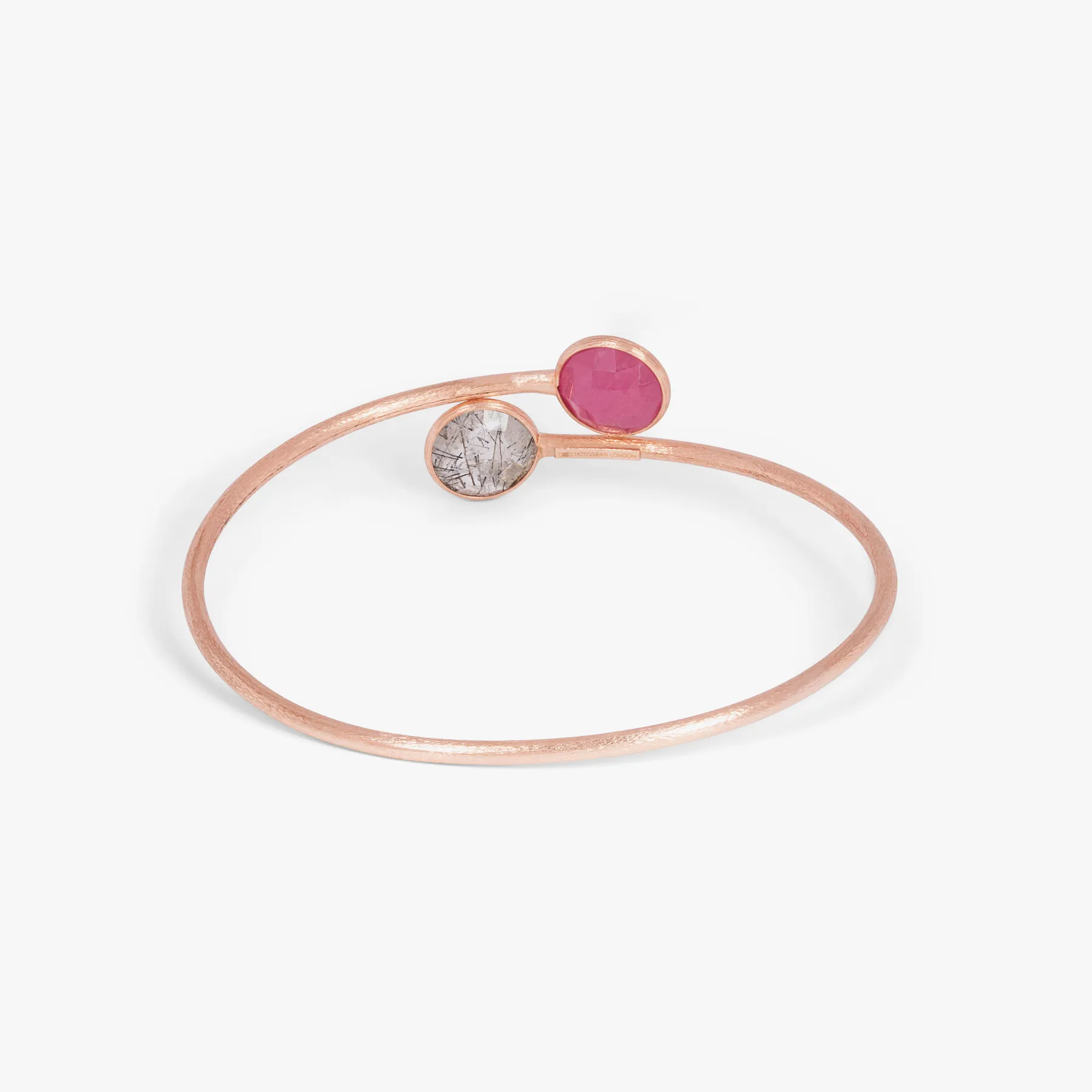 14K satin rose gold Kensington bangle with black rutilated quartz and ruby root