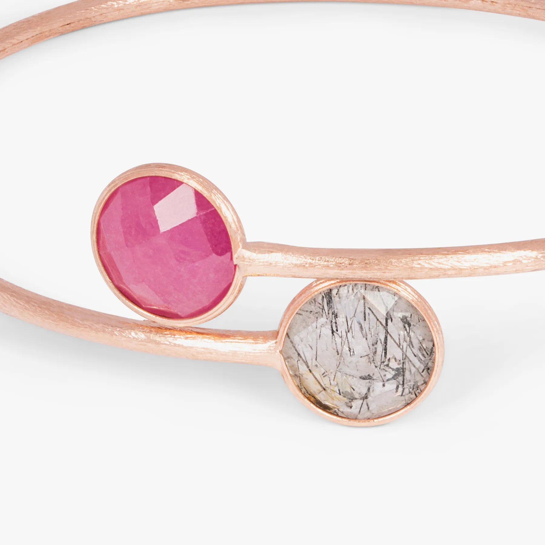 14K satin rose gold Kensington bangle with black rutilated quartz and ruby root