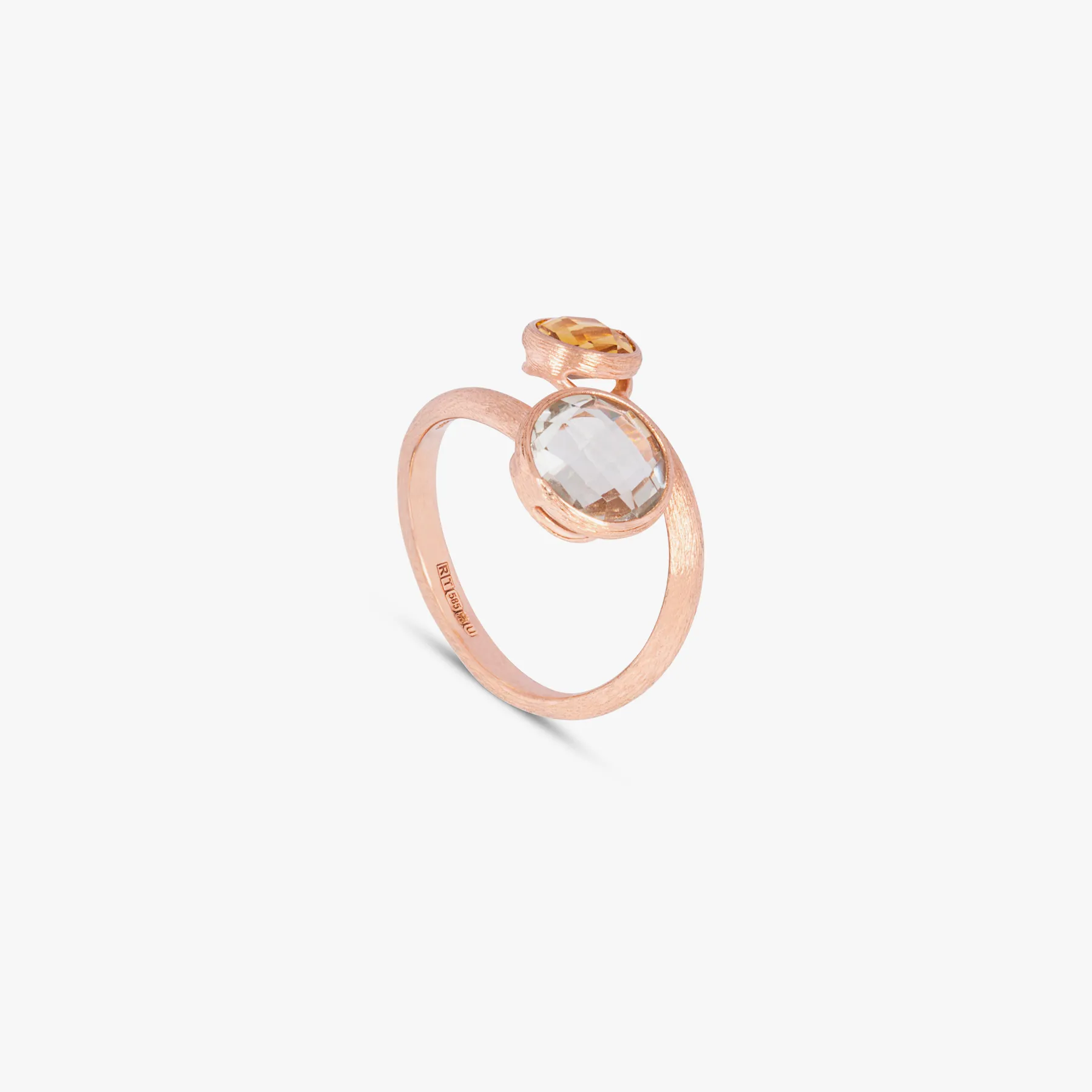 14K satin rose gold Kensington ring with citrine and prasiolite