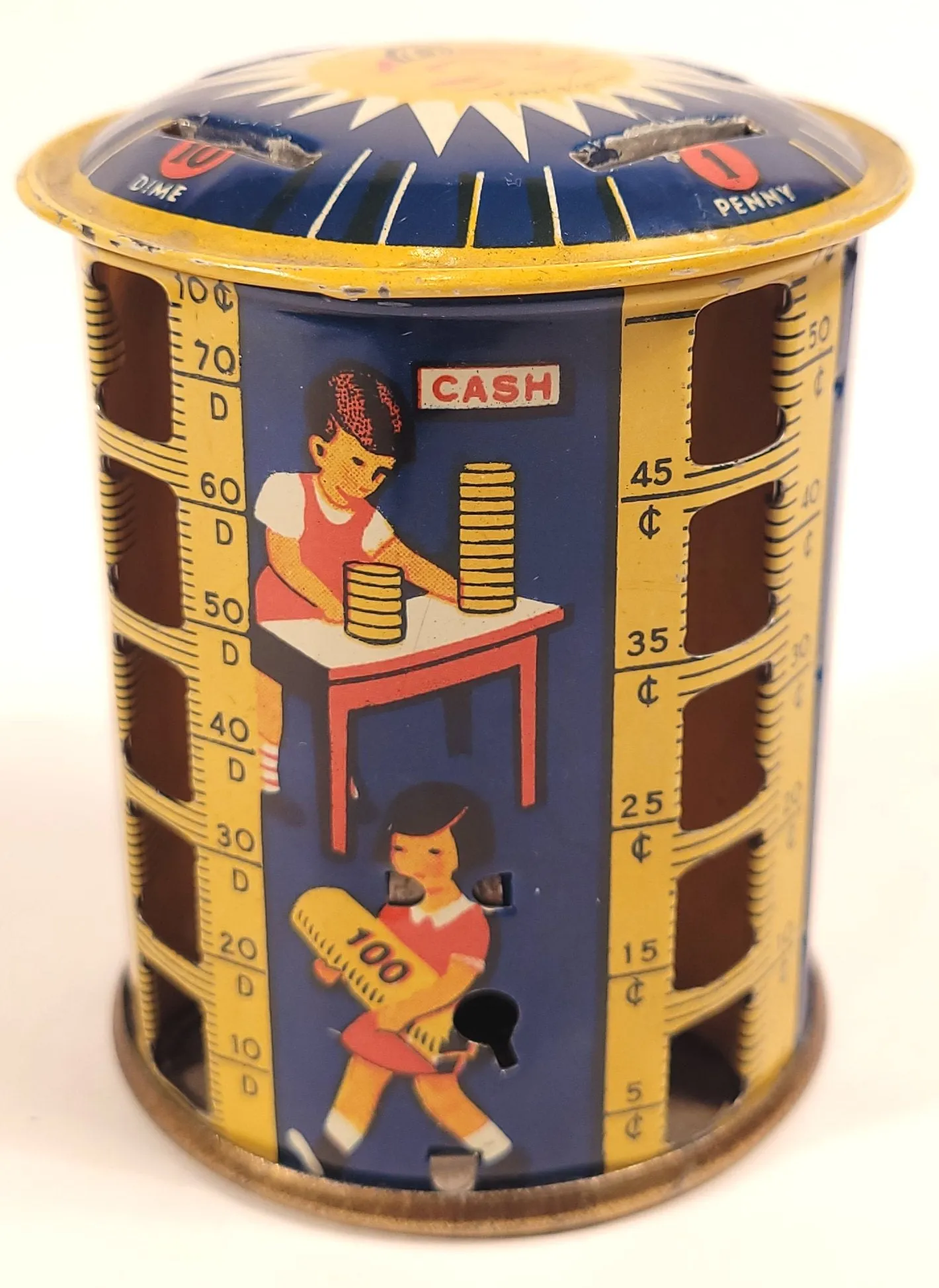 1930's Children's Rotating Toy COIN BANK, Sunburst, Metal Money Savings Tin