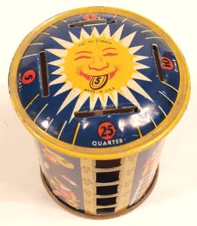 1930's Children's Rotating Toy COIN BANK, Sunburst, Metal Money Savings Tin