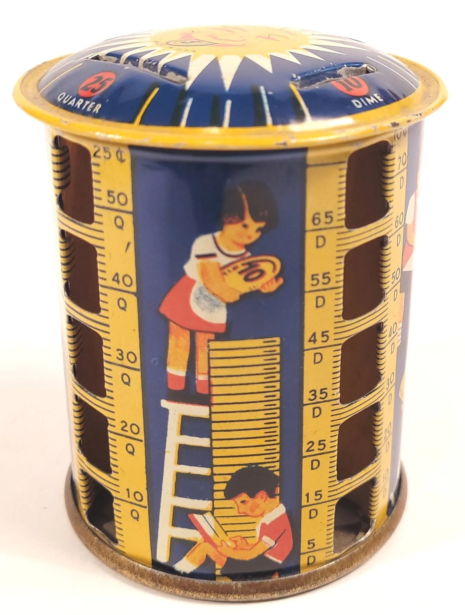 1930's Children's Rotating Toy COIN BANK, Sunburst, Metal Money Savings Tin