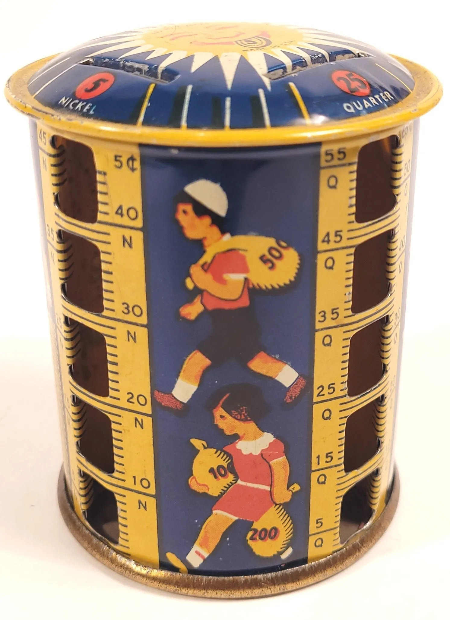 1930's Children's Rotating Toy COIN BANK, Sunburst, Metal Money Savings Tin