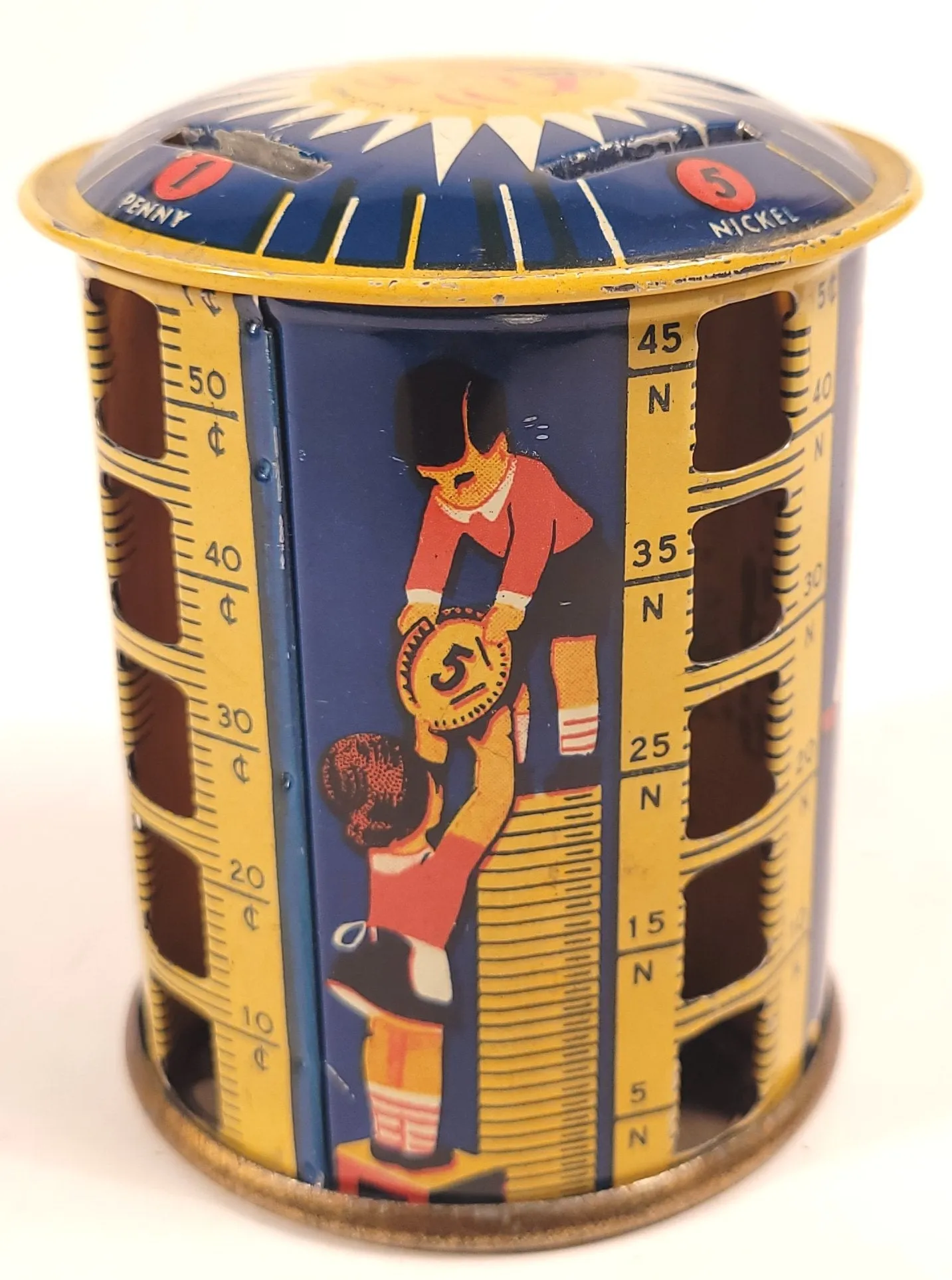 1930's Children's Rotating Toy COIN BANK, Sunburst, Metal Money Savings Tin