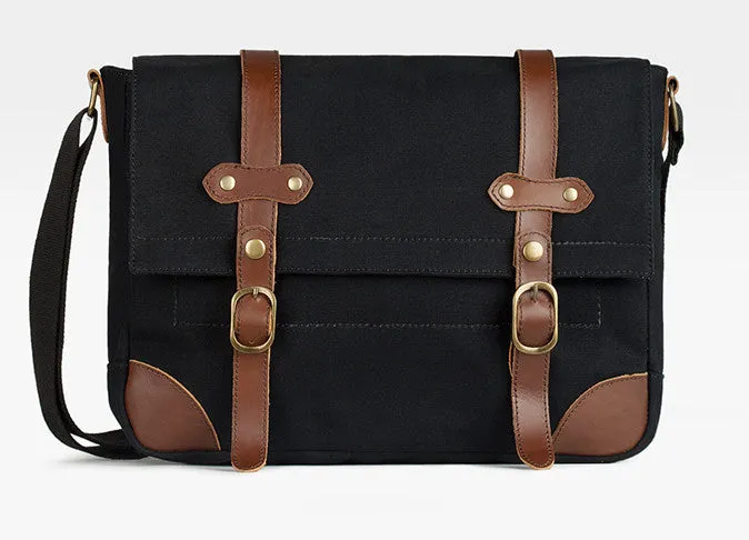 Black Canvas & Leather Messenger Bag For Men