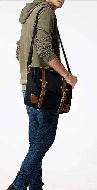 Black Canvas & Leather Messenger Bag For Men