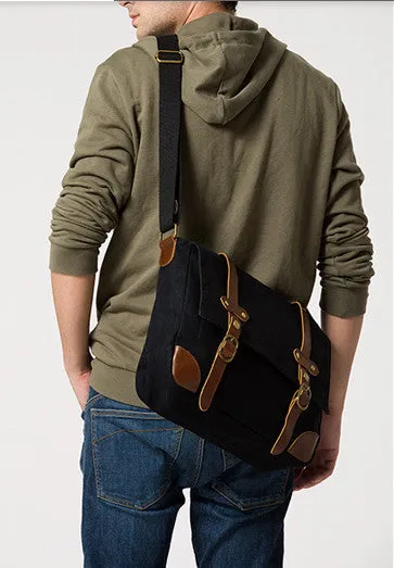 Black Canvas & Leather Messenger Bag For Men