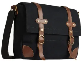 Black Canvas & Leather Messenger Bag For Men