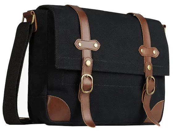 Black Canvas & Leather Messenger Bag For Men