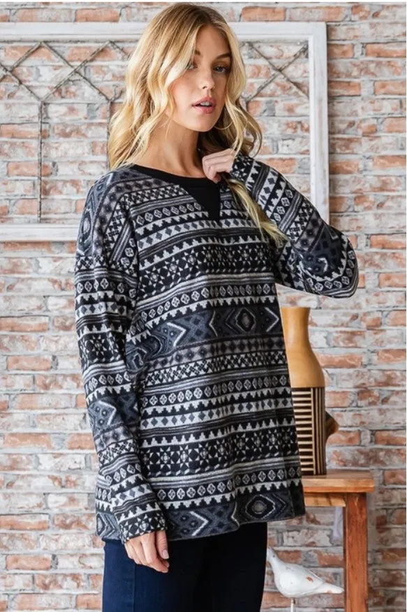Charcoal Geometric Print Long Sleeve Top - #5223-5228
