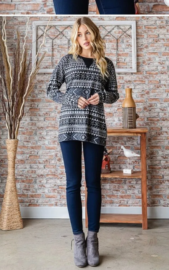 Charcoal Geometric Print Long Sleeve Top - #5223-5228