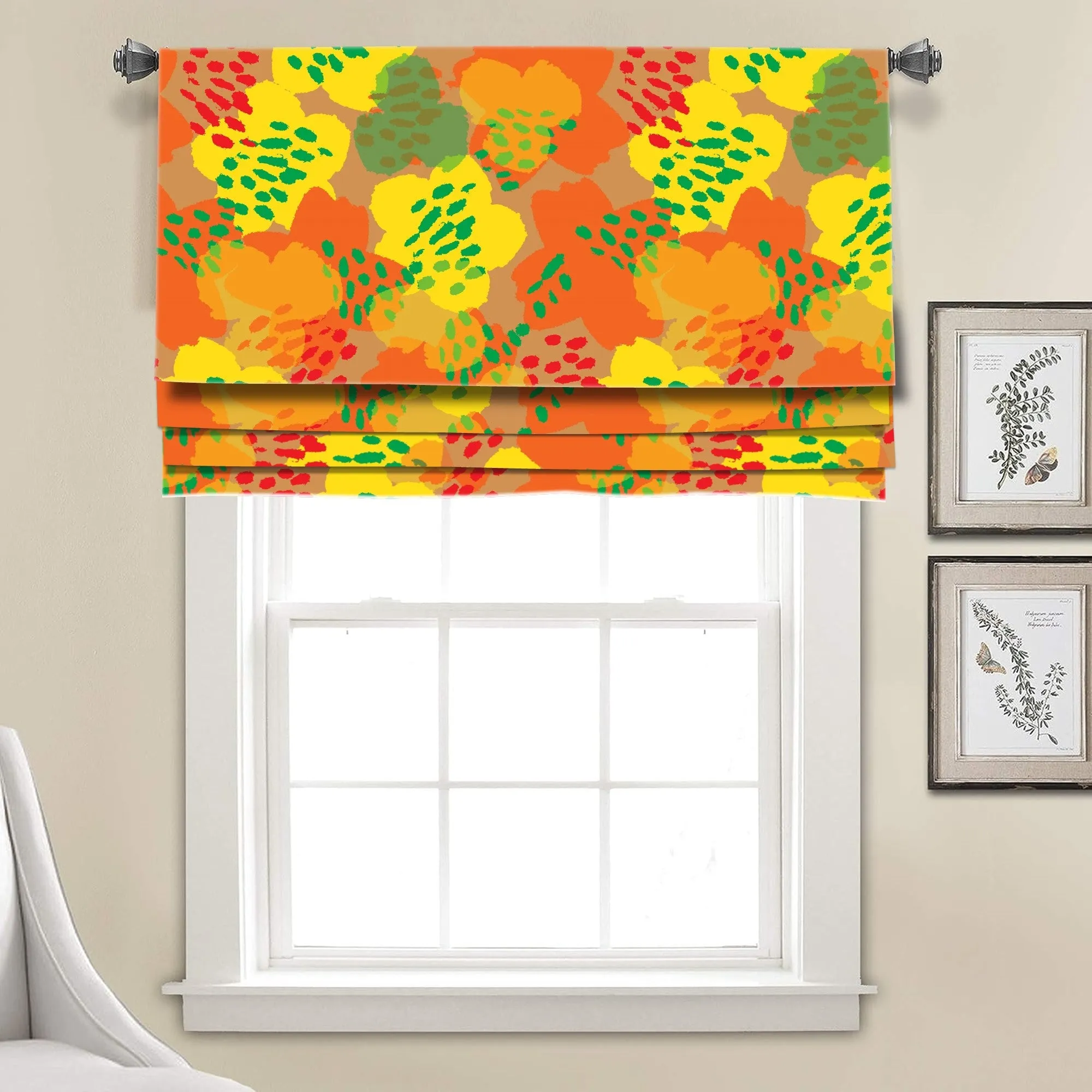 Colorful Yellow Orange Green Botanical Linen Faux Roman Shade Valance