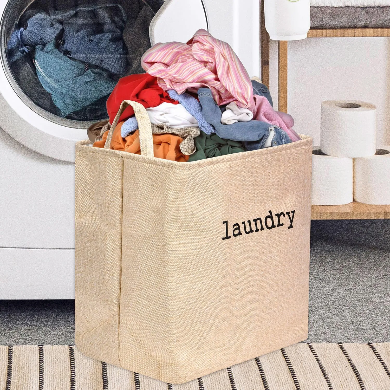 Kuber Industries Laundry Basket | Square Foldable Laundry Basket | Jute Storage Bag with Handles | Clothes Basket for Home | Toy Storage Basket | 40 LTR | Golden