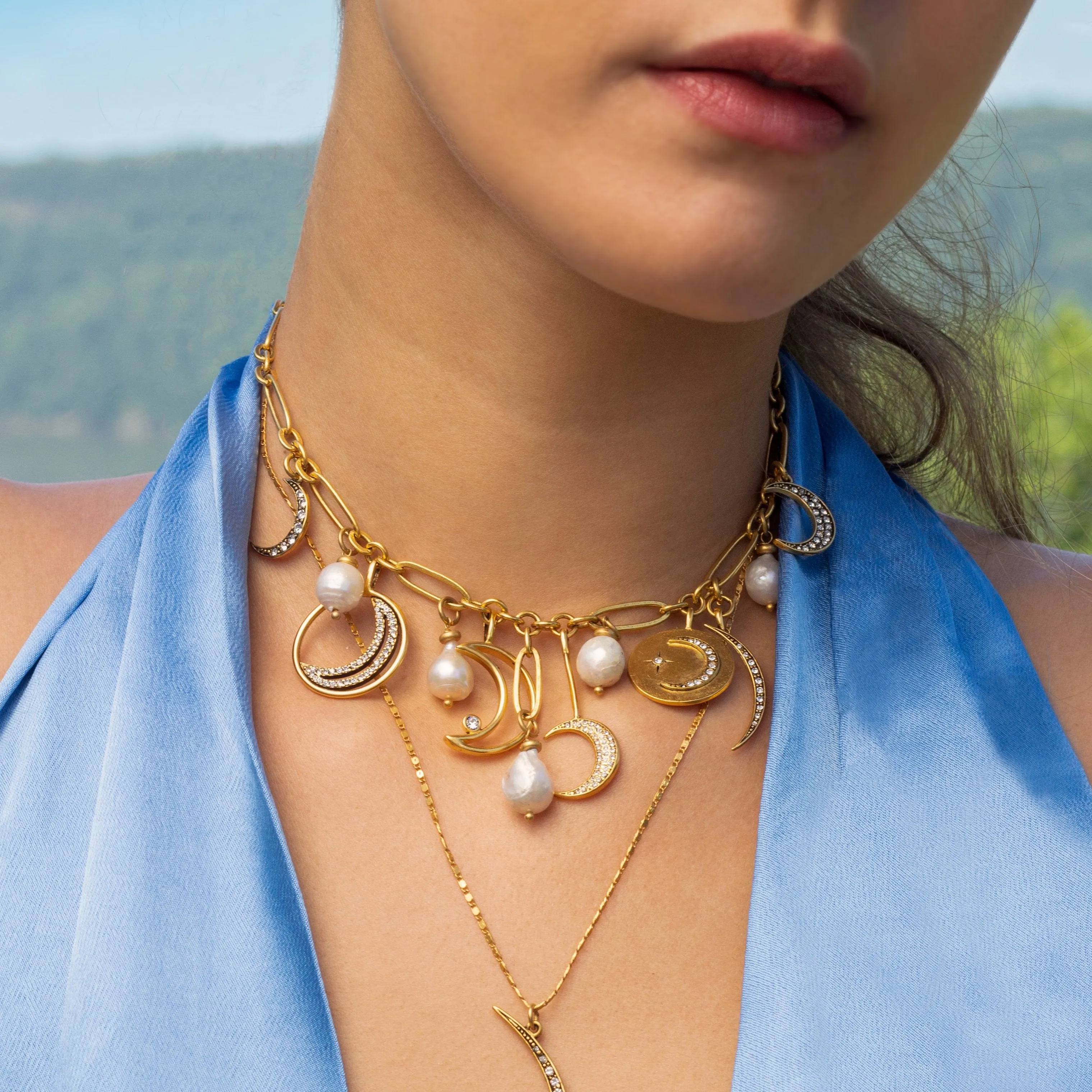 Lunar Phase Charm & Baroque Pearl Necklace