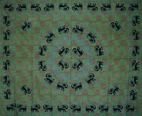 Mandala Elephant Tapestry Cotton Bedspread 108" x 88" Full-Queen Green