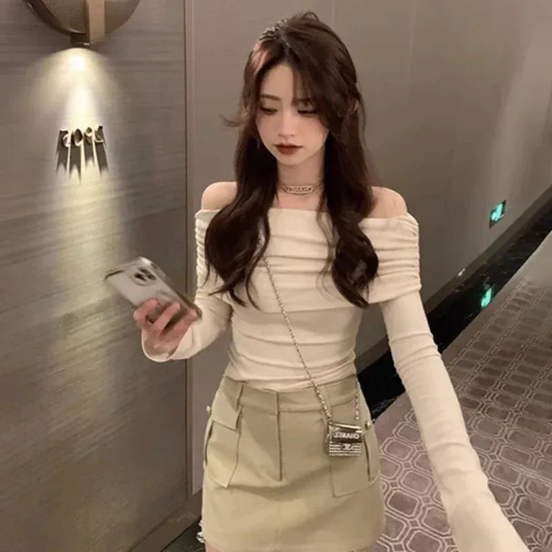 Metaversmall Sexy Slash Neck Black Y2k Women's T-shirts High Street Slim Solid Color Long Sleeve Fashion Female Blouses Slight Stretch