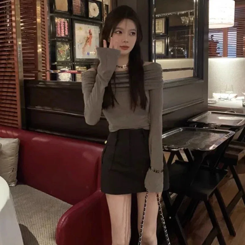 Metaversmall Sexy Slash Neck Black Y2k Women's T-shirts High Street Slim Solid Color Long Sleeve Fashion Female Blouses Slight Stretch