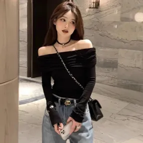 Metaversmall Sexy Slash Neck Black Y2k Women's T-shirts High Street Slim Solid Color Long Sleeve Fashion Female Blouses Slight Stretch