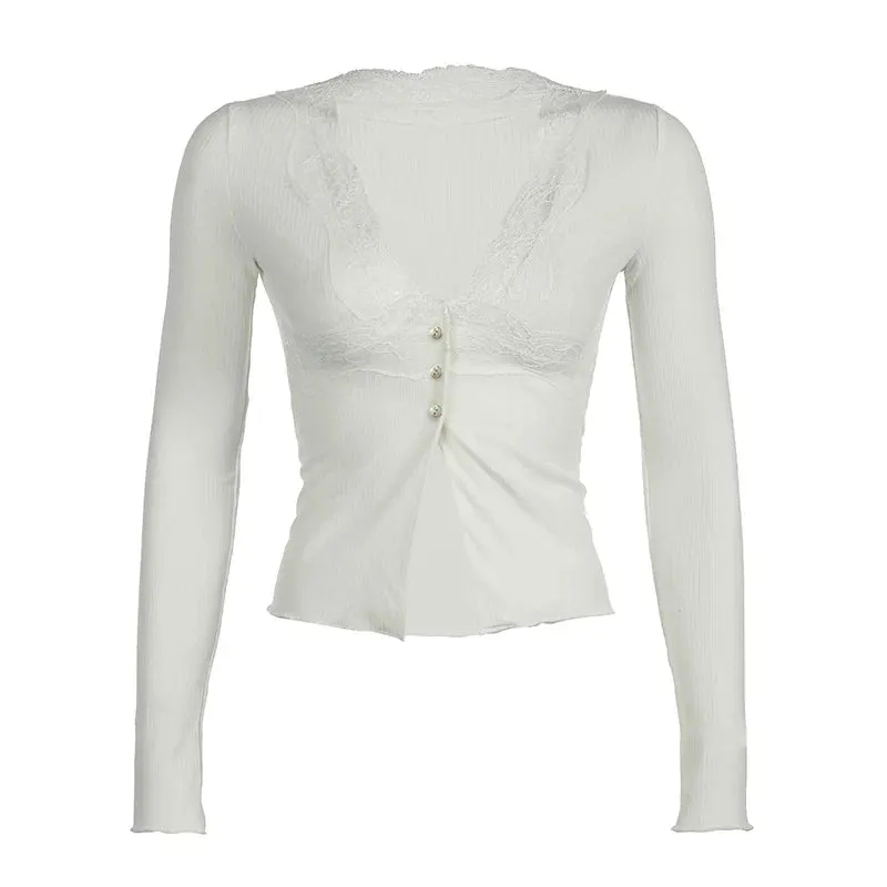 Metaversmall Y2K Aesthetic Lace Spliced Skinny Women T-shirts Buttons Cardigan Top Cropped Korean Fashion Tee Sexy Outfits Autumn