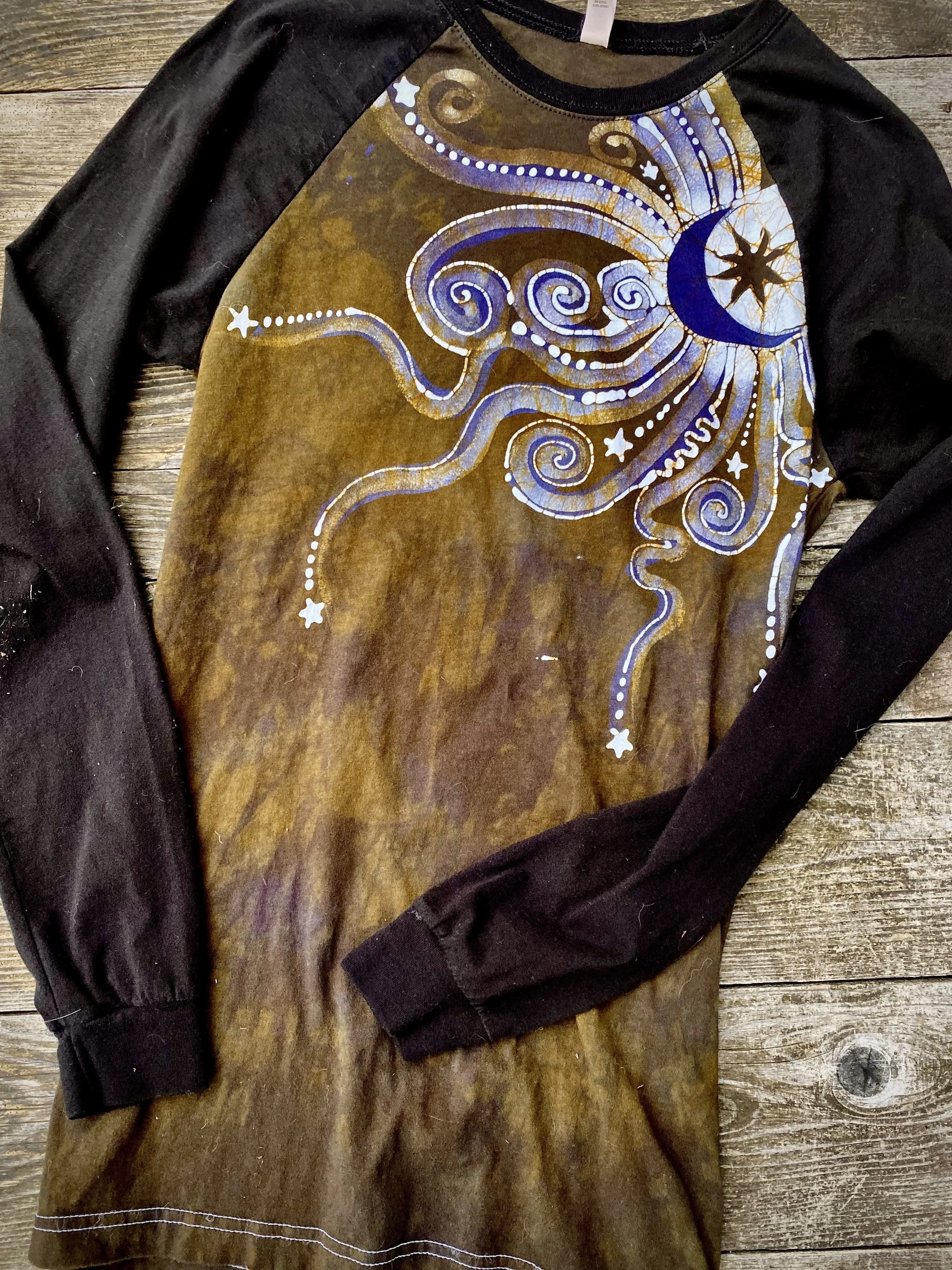 Mustard & Purple Moonbeams Black Raglan Long Sleeve Batik Top by Batikwalla