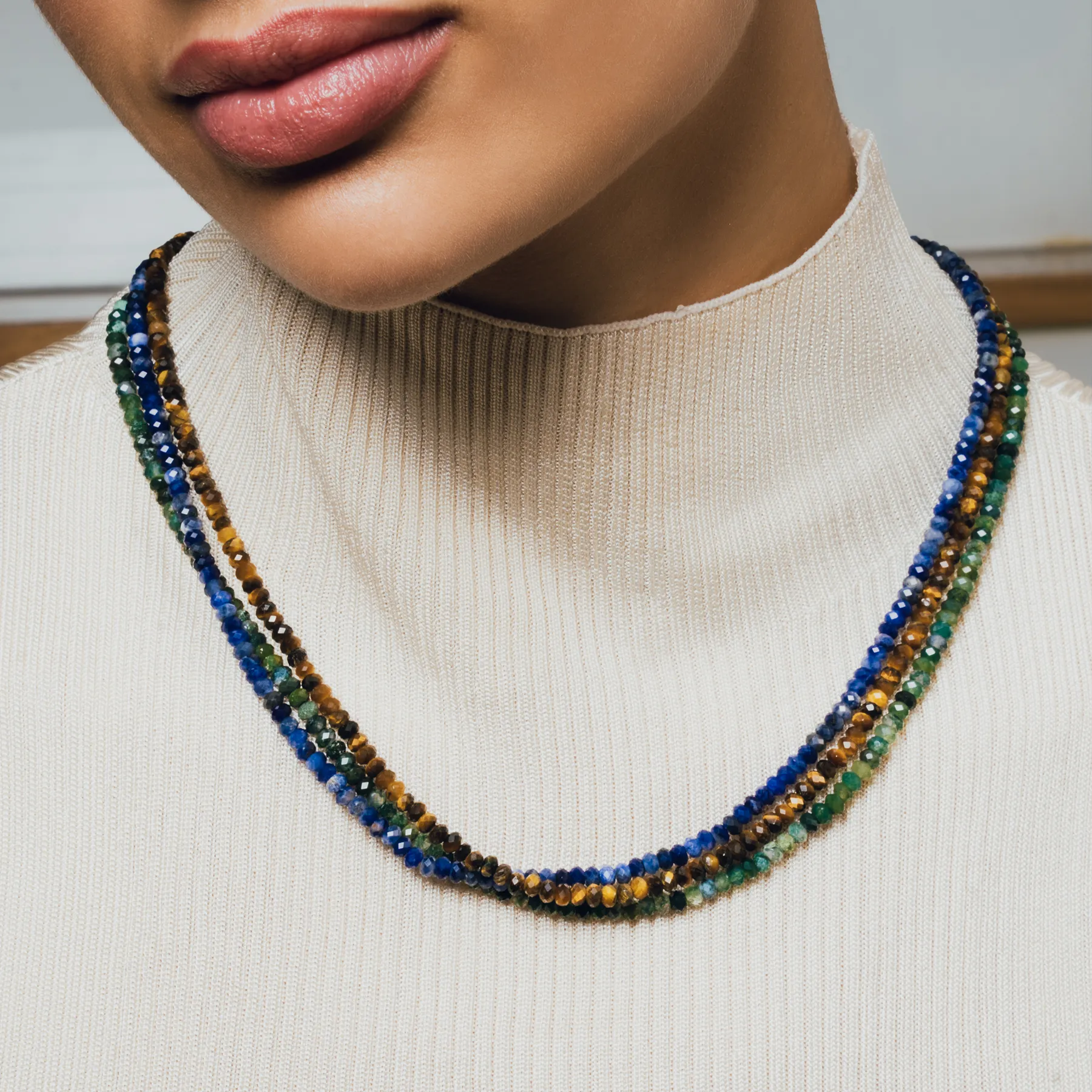 Nodo Beaded Necklace in Rhodium Silver with Brown Tiger Eye