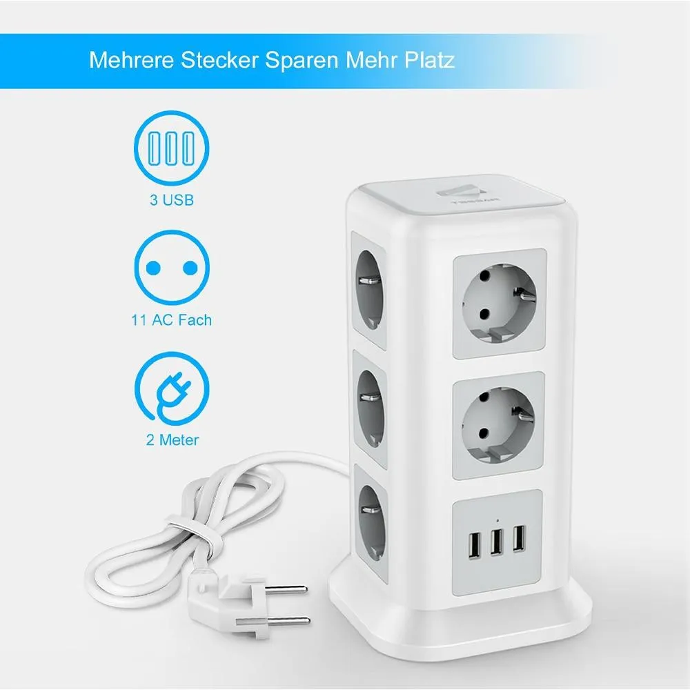 Plug Outlet Power Strip Tower 12  Outlets 5 USB Ports 2M Extension Cord with Switch Overload protector USB Socket Office