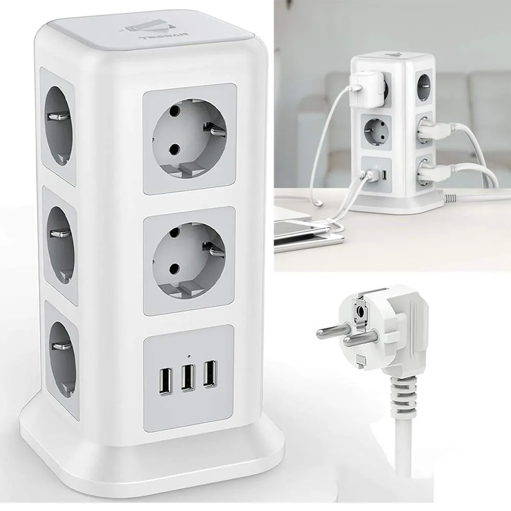 Plug Outlet Power Strip Tower 12  Outlets 5 USB Ports 2M Extension Cord with Switch Overload protector USB Socket Office