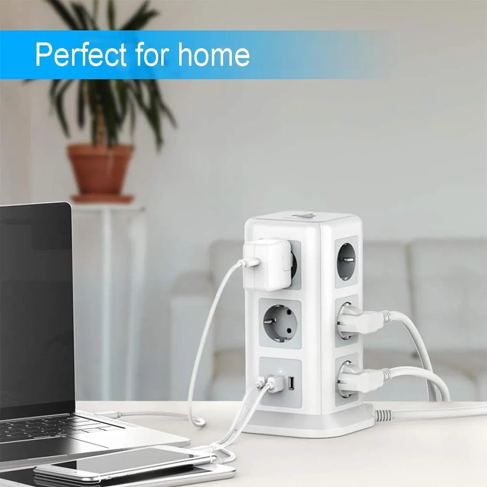 Plug Outlet Power Strip Tower 12  Outlets 5 USB Ports 2M Extension Cord with Switch Overload protector USB Socket Office