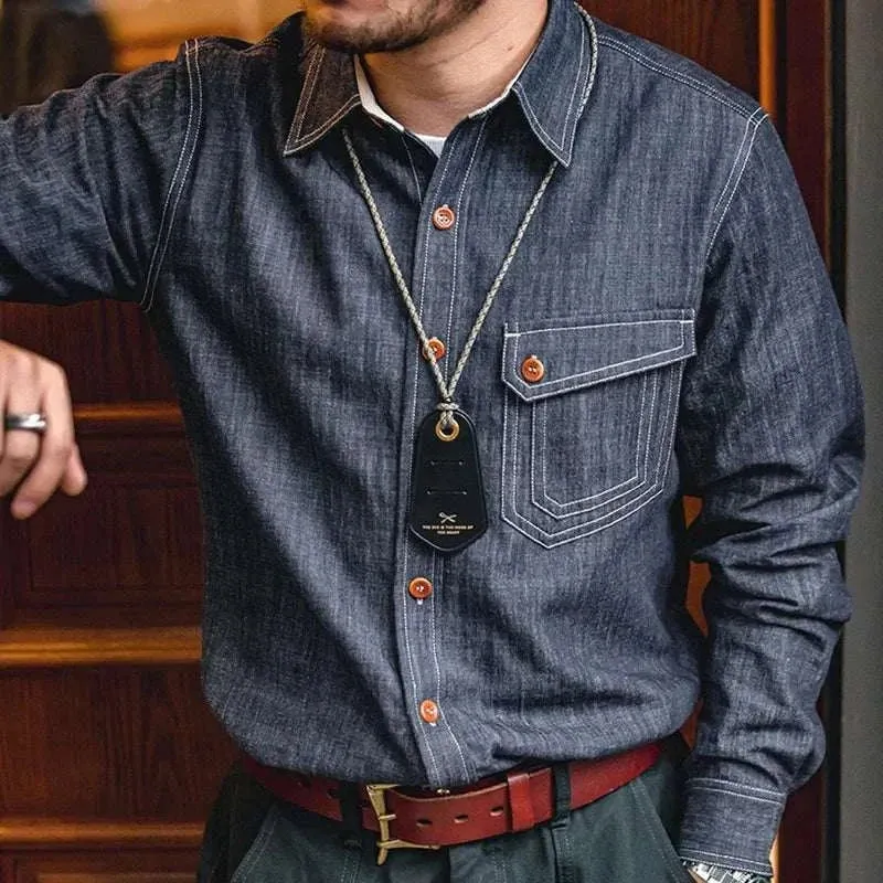 RETRO denim solid long-sleeve shirt