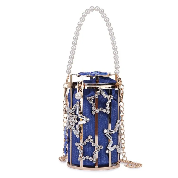 Star Diamond Hollow Cage Clutch With Pearl Chains