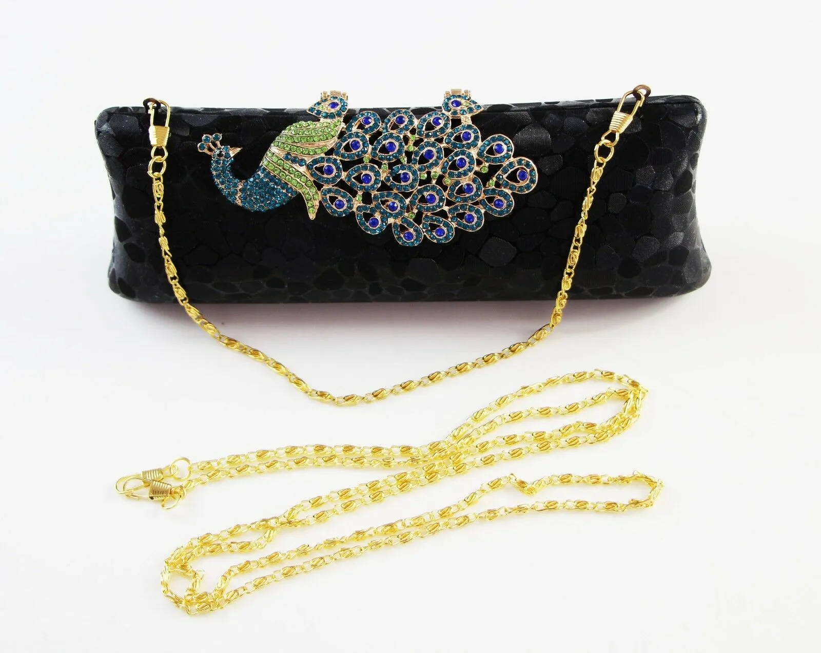 Womens Hard Case Clutch Bag Wedding Party Work Peacock Black